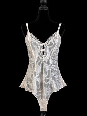 VNTG 80’s Victoria’s Secret Gold Label Sexy Semi Sheer White Lace Bodysuit L